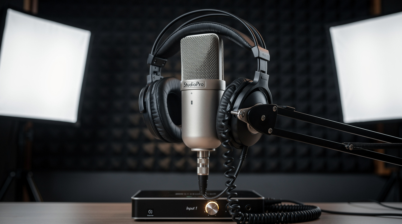 Microphone and headphones in a professional recording studio
